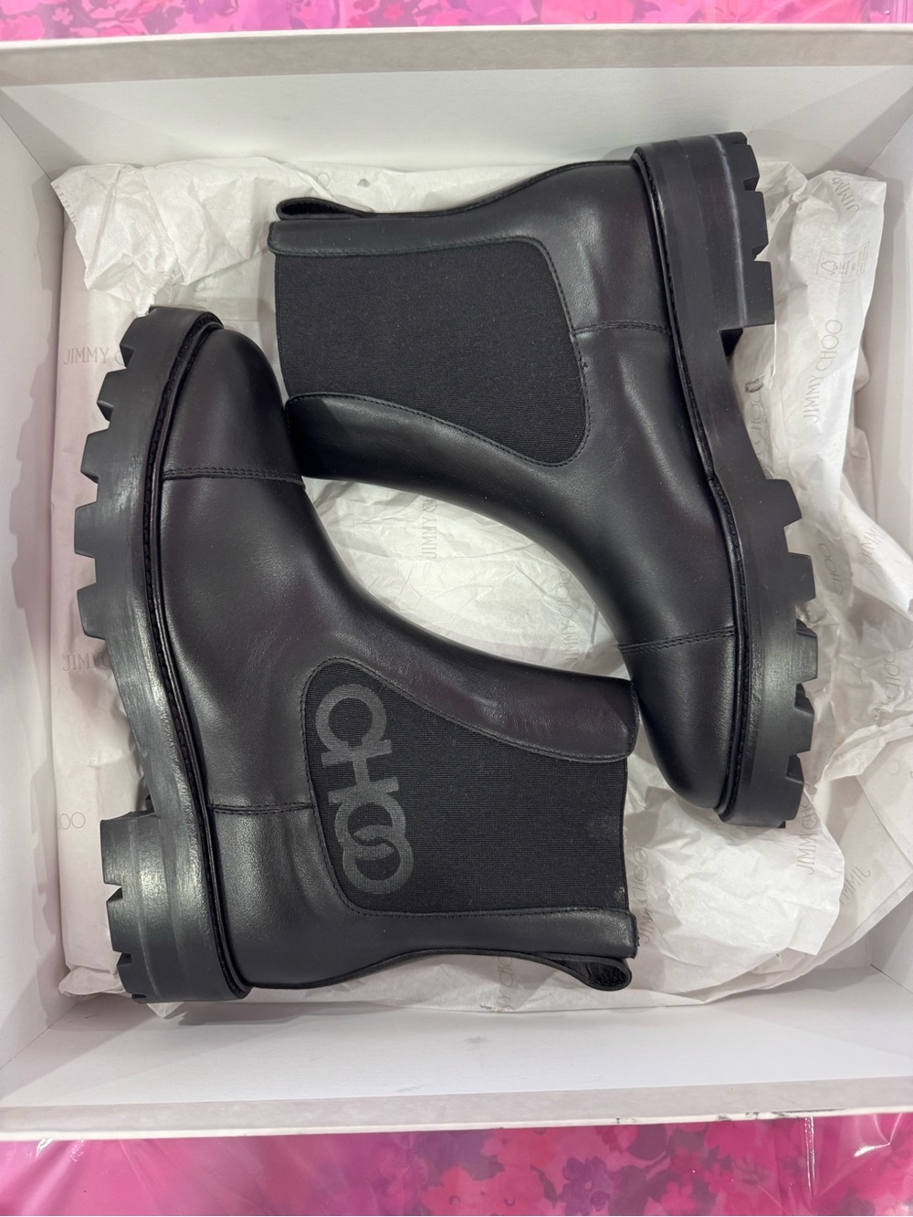 Jimmy Choo Black Leather Chelsea Lug Booties